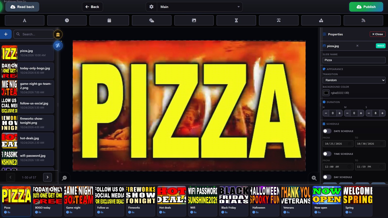 HCI LED playlist editor: a PIZZA animation on the LED sign canvas, the media library and a timeline of twelve animated slides